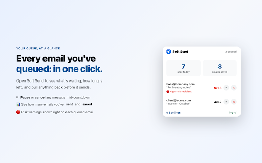 Soft Send: Delay & Undo Send for Gmail :: Delay Gmail emails before they send. Undo, edit or cancel, and catch typos, missing attachments and reply-all mistakes.