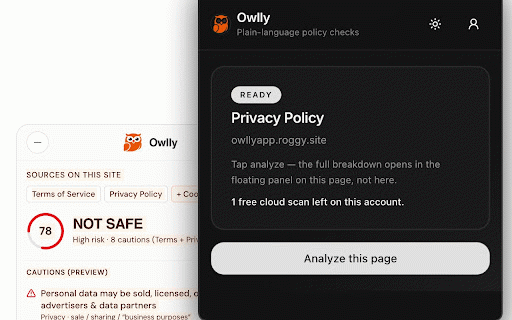 Owlly :: Professional legal-risk scanner for Terms and Privacy pages with plain-English AI summaries.