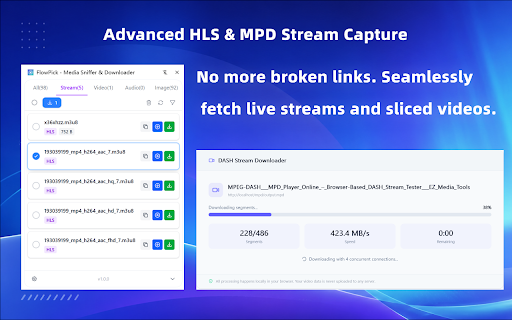 FlowPick - Media Sniffer & Downloader :: Auto-detect & download M3U8/HLS streams, videos, audio & images. Built-in player. Batch download. 100% local & private.