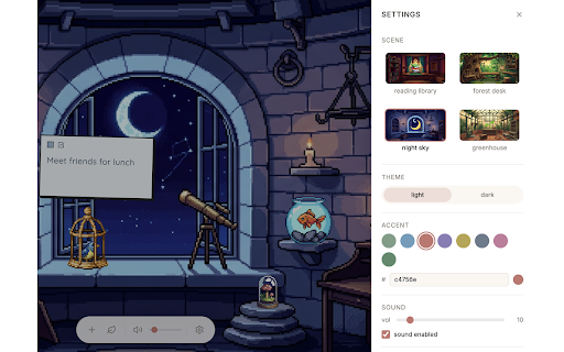 Nook :: A cosy pixel art new tab page. Sticky notes, checklists, ambient music, and decorations for your calm productivity corner.