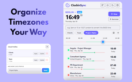 ClockinSync – Timezone Converter & World Clock :: World clock & timezone converter with DST alerts, public holiday warnings & reminders. Auto-detects times on any webpage.