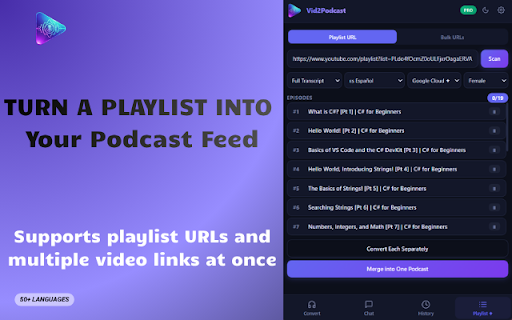 Vid2Podcast: YouTube Dubbing & Video Translator :: YouTube dubbing, transcript & translator. Convert YouTube to text, dub videos live, AI summary, subtitle translation & Neural2 TTS.