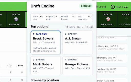 Draft Engine for ESPN Fantasy :: Live fantasy football draft recommendations synchronized with ESPN mock and live draft rooms.