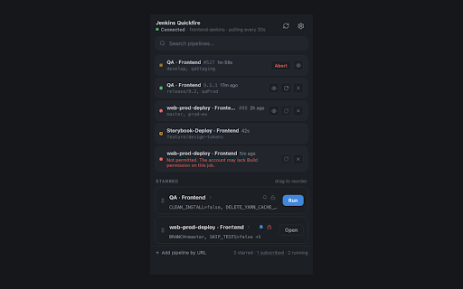 Jenkins Quickfire :: Trigger Jenkins pipelines with saved parameters and watch their status.