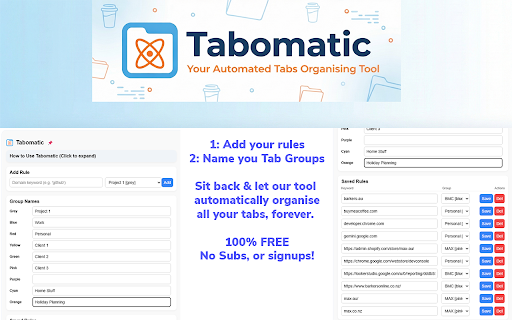 Tabomatic - Keyword Auto Tab Grouper :: Assign Chrome tabs to tab groups based on domain keywords.