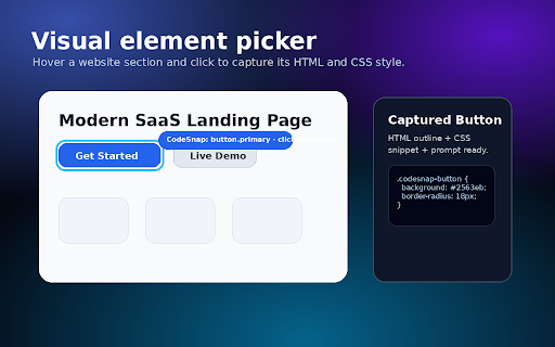 CodeSnap - HTML CSS UI Extractor :: Extract selected UI sections into clean HTML outlines, CSS tokens, style summaries, and AI rebuild prompts.