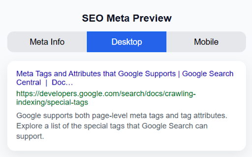 SEO Meta Preview :: View meta title, description, and Google SERP preview (Desktop & Mobile).