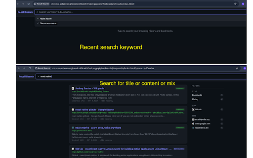 Recall Search :: Search your browsing history and bookmarks locally — fast, private, offline.