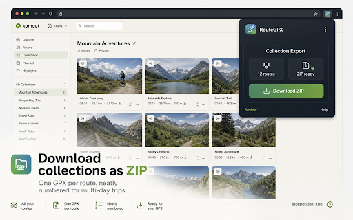 RouteGPX for Komoot :: Export Komoot tours and collections to GPX or ZIP for Garmin, Wahoo, Strava and GPS devices. Private, fast, one click.