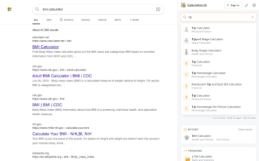 CalculatorLib — Calculators in Search Results :: The matching calculator opens beside your search results, pre-filled from the query. 8,000+ tools, 7 search engines.