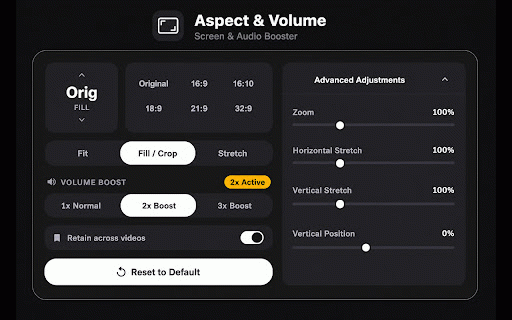 Aspect Ratio & Volume Booster for YouTube™ :: Aspect ratio, screen resizer & 2x/3x volume booster for YouTube. Crop black bars, zoom, stretch, and boost quiet video audio.