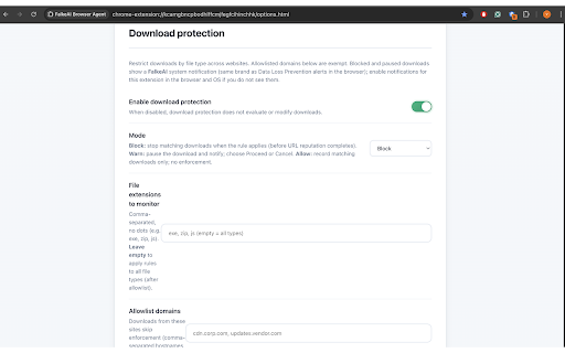 FalkeAI Browser Agent :: Block phishing sites in real time via Deephish. Optional on-device LLM DLP & download protection. Caching & warnings.