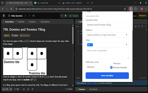 CodeQuest: Save & Track Coding Problems — LeetCode, Codeforces & More :: One-click save for coding problems → auto-fill title, URL, difficulty & tags into your Google Sheet.