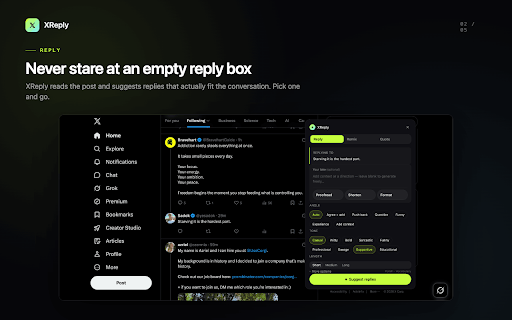 XReply :: AI for X: write replies, remixes, and quote-tweets in seconds. Drafts, your choice of tone — you always review and send.