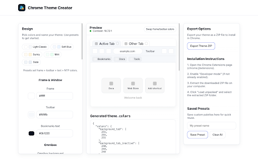Chrome Theme Creator :: Pick colors and export a Chrome theme as a ZIP.
