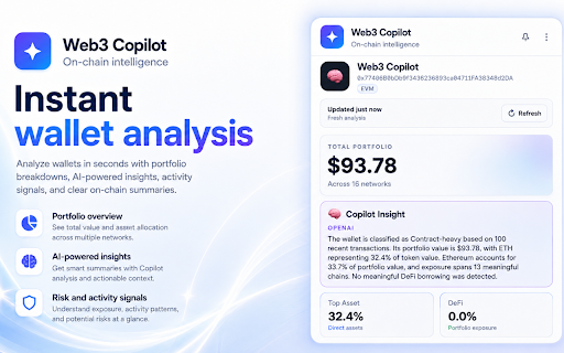 Web3 Copilot – AI Crypto Wallet Analyzer :: Analyze crypto wallets with AI. Review balances, assets, transaction activity and risk signals directly in Chrome.