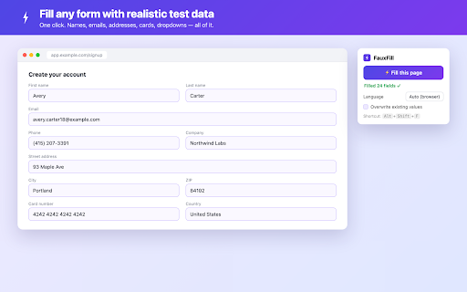 FauxFill – Test Data Form Filler :: Fill any web form with realistic fake test data in one click — 8 languages (EN/ES/DE/FR/IT/PT/NL/JA). For developers & QA.