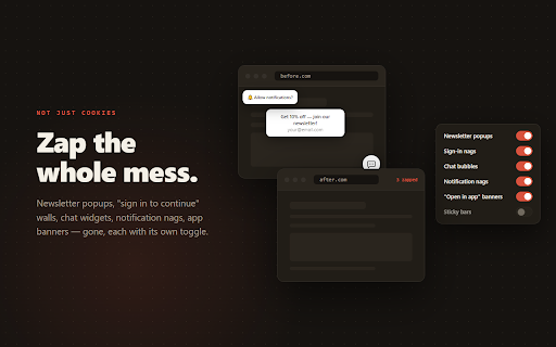 Nope — Reject Cookie Banners, Block Popups & Web Annoyances, Free :: Auto-reject cookie banners and zap popups, newsletter modals, chat widgets & sign-in walls. Reject-first for real privacy. Free.