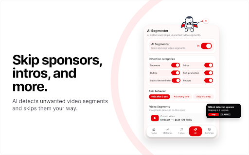 SBlock Youtube - AI AD Blocker :: Block YouTube ads, remove distractions, skip unwanted segments, and track the time and money you save.