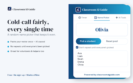 Classroom Toolkit — Timer & Name Picker :: Free classroom timer and random name picker for teachers. Quick links to AI lesson plans, worksheets & report cards.