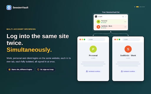 SessionVault - Multi-Session & Tab Manager :: Log into the same website with multiple accounts in different tabs. Per-tab session isolation, fully local, no account required.