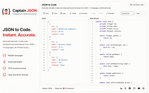 Captain JSON :: Navigate Every JSON Like a Captain — compare, format, validate, query and transform JSON with a full SaaS-grade toolkit.
