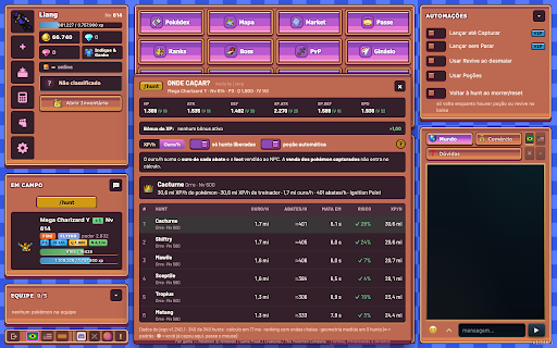 /hunt for PokeIdle :: Mostra, acima do seu pokémon em campo no PokeIdle, onde caçar: as melhores hunts por XP/h e ouro/h, com os dados do jogo.