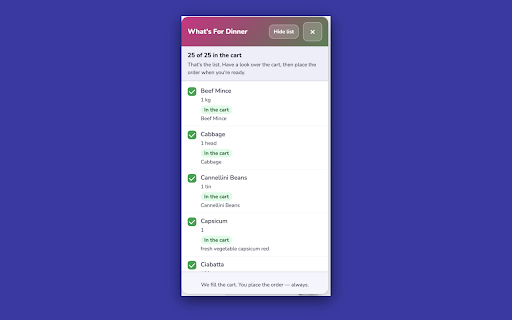 What's For Dinner — Cart Filler :: Fills your supermarket cart from your What's For Dinner shopping list. Never places the order.