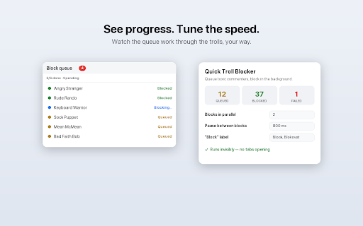 Quick Troll Blocker :: Block toxic commenters on Facebook with one click. Blocks are queued and run in the background so you can keep scrolling.