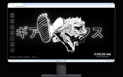 Luffy Gear 5 Gomu Gomu No Gigant One Piece Live Wallpaper :: A black-and-white manga style Luffy in his Gear 5 form, kicking forward with glowing Japanese text.