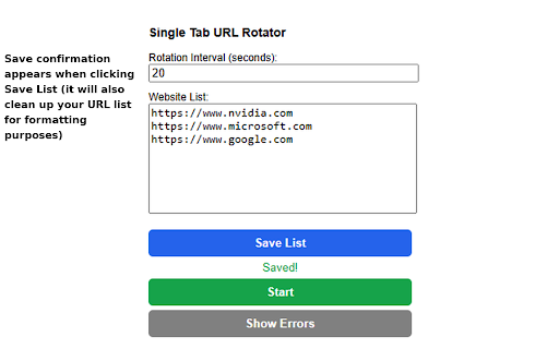 Single Tab URL Rotator :: Rotate a single browser tab through a list of URLs at a set interval.