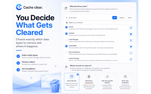 Cache Clear - Free Cookie & Data Cleaner :: Instantly clear cache, cookies & browsing data in one click. Free privacy cleanup with presets, auto-clear schedules & shortcuts.