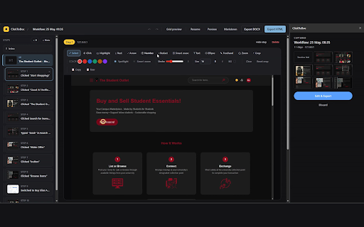 ClickToDoc :: Record browser workflows and export them as polished, self-contained step-by-step guides. 100% local, no cloud.