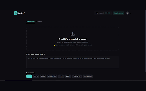PullPDF - AI PDF Data Extractor :: Extract data from any PDF with AI. Get tables, text, and structured data as JSON, CSV, Excel, or Infographic.