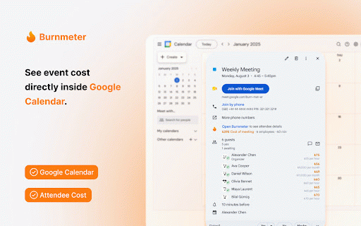 Burnmeter: Meeting Cost Calculator & Tracker :: Meeting cost tracker for Google Calendar & Meet. See how much every meeting costs in real time, per attendee, from salary rates.