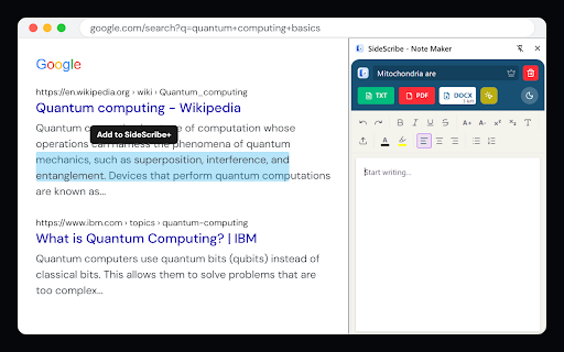 SideScribe - Note Maker :: Rich-text notes in your browser sidebar. Capture research instantly and export to Word or PDF.