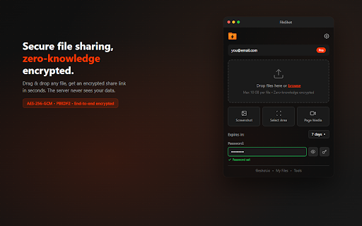 FileShot - Secure File Sharing :: Zero-knowledge encrypted file sharing. Drag & drop upload, screenshots, page media scanner, and instant share links.