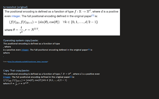 Copy That :: Click an element on a page to copy it to the clipboard. Math can be copied as Office Math Objects (OMML), LaTeX, MathML, or Unicode.