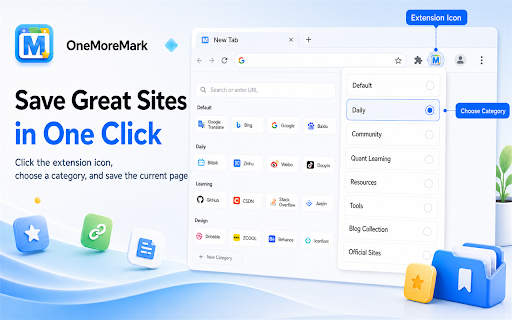 OneMoreMark - New Tab Bookmark Manager :: Turn your new tab into a clean visual bookmark dashboard with categories, cards, import/export, and Chrome sync.