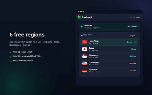 FreeGuard VPN · Stream Proxy :: Per-window HTTP/HTTPS proxy with user-agent, timezone & WebRTC controls. Free trial nodes + bring-your-own proxy.