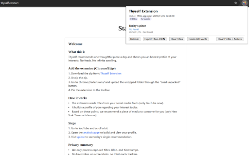 Thyself :: Privacy-first feed profile builder. Analyzes viewing patterns locally to generate personalized recommendations.