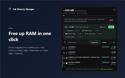 Tab Memory Manager :: See estimated memory per tab, hibernate or close idle tabs in one click, and group tabs by domain. Everything stays on your device.