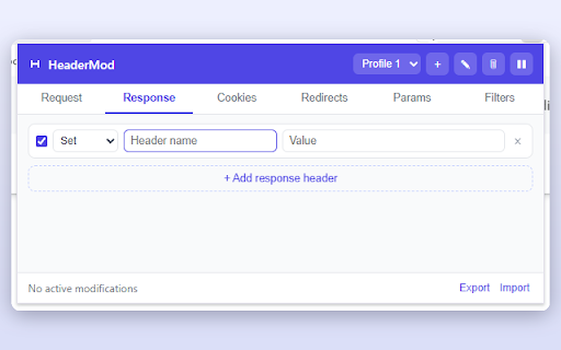 HeaderMod :: Modify HTTP request and response headers. Create profiles, filter by URL, and toggle headers on the fly.