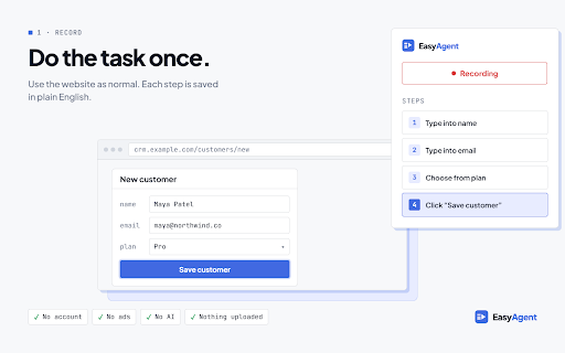 EasyAgent: Browser Macro Recorder & Form Filler :: Browser macro recorder & form filler. Record clicks and typing once, replay them for every row of your Excel or CSV data. Free.