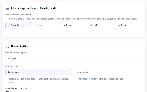 多功能拖拽搜索助手 - Drag Search Helper :: 拖拽文本快速搜索60+网站,也可以一键恢复关闭的标签页。支持多方向拖拽,自定义搜索引擎,多引擎同时搜索等功能,适配多场景搜索需求