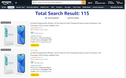 Amazon-Sort :: Group search results, filter and sort results by price or price per count.