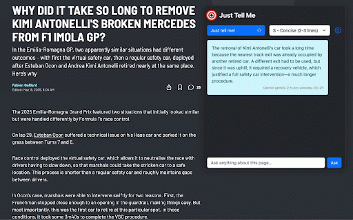 Just Tell Me :: Quickly ask AI to summarize the current page or answer a question about it.