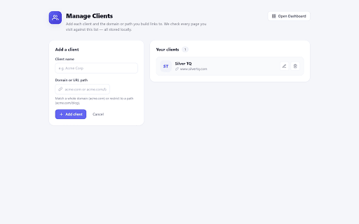 Backlink Tracker :: Detect, save & monitor client backlinks, track which domains link each client, and get alerts when links drop. 100% local.