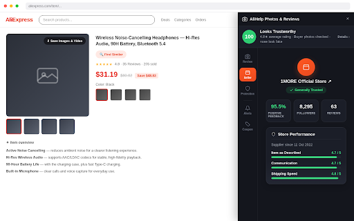 AliHelp: AliExpress Reviews, Photos & Seller Trust Check :: Get a Buy Confidence Score, seller trust check & fake-review detection on AliExpress. View, filter & save buyer photos/videos.
