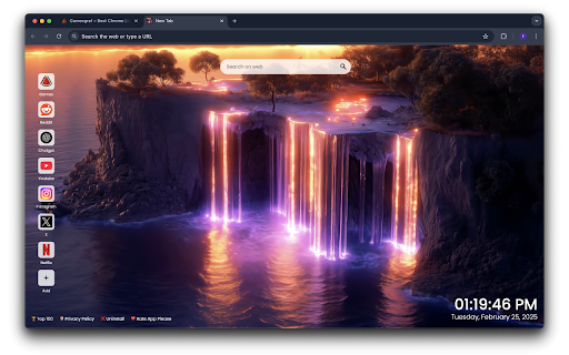 Neon Waterfall Live Wallpaper :: Enjoy a Neon Waterfall Live Wallpaper New Tab with glowing, futuristic landscapes and vibrant colors.